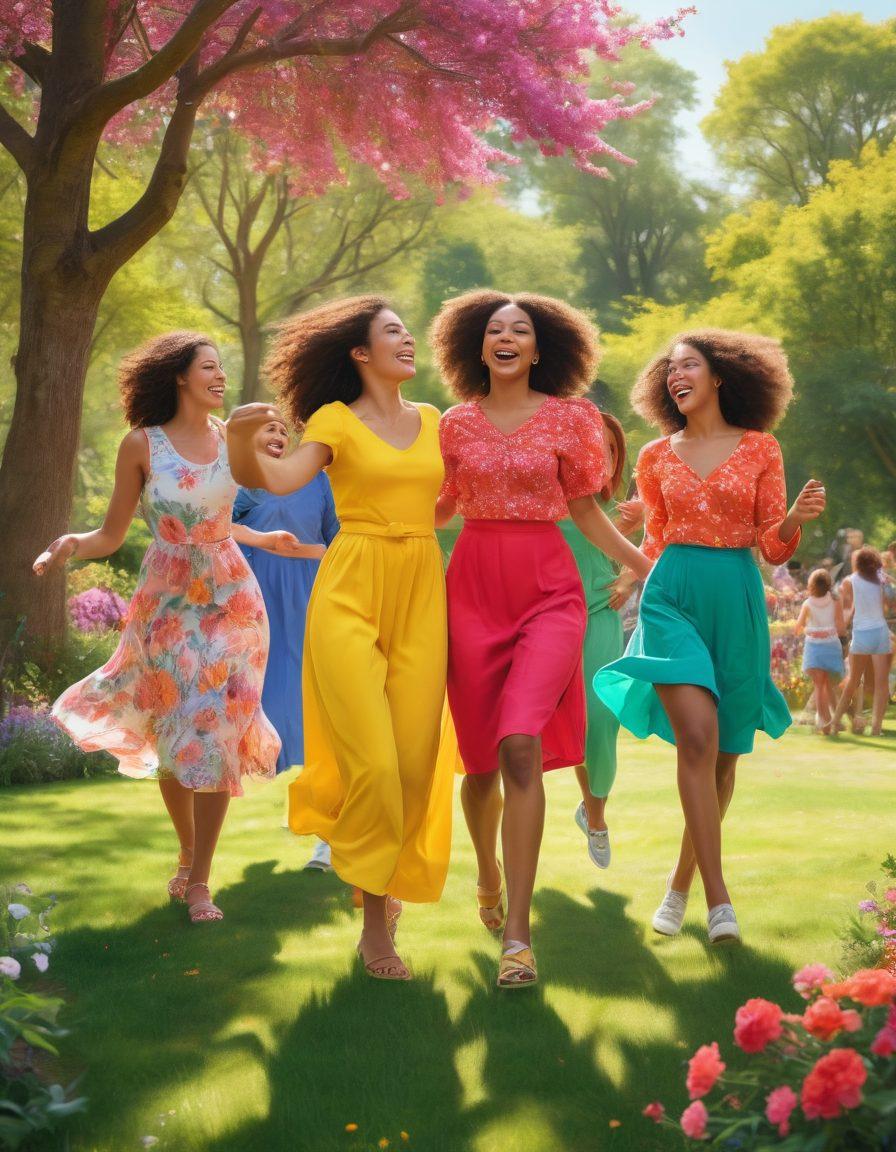 A joyful scene showcasing a diverse group of young women, engaged in playful activities like dancing, painting, and laughing together in a sunlit park. They are dressed in vibrant, colorful clothing, surrounded by nature, with flowers and trees in the background. Their expressions radiate happiness and friendship, embodying a sense of community and joyfulness. This cheerful atmosphere encapsulates the essence of youth and playfulness. vibrant colors. super-realistic.