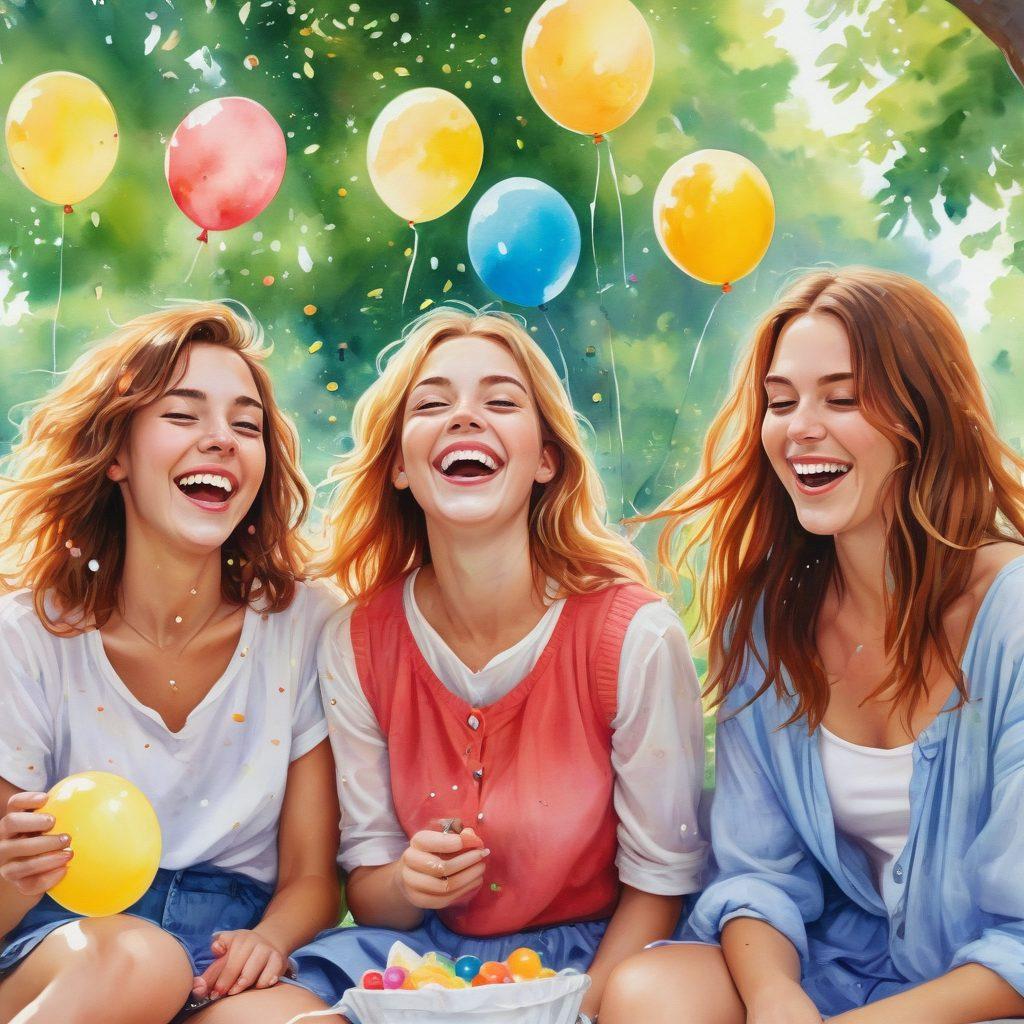A lively scene with a group of young women laughing joyfully, surrounded by colorful balloons and confetti in a sunlit park. Their expressions radiate innocence and happiness, capturing the essence of carefree youth. Add playful elements like a picnic setup with snacks and vibrant flowers in the background. Emphasize bright, cheerful colors to highlight a fun atmosphere. watercolor art style. vibrant colors. playful composition.