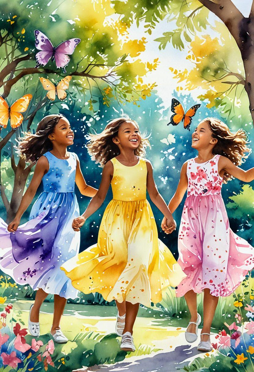A sunlit park scene showcasing a group of joyful, carefree girls of diverse backgrounds, laughing and playing together. Vibrant flowers bloom around them, while butterflies flutter in the air. The atmosphere exudes happiness, with soft rays of sunlight filtering through the trees. The girls wear colorful, flowing dresses, embodying the spirit of bliss and freedom. watercolor painting. vibrant colors. soft focus.